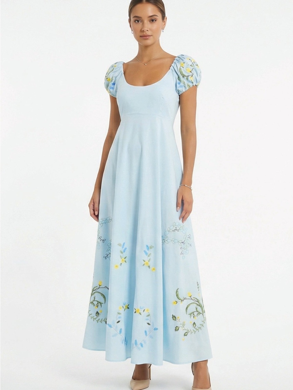 NWOT Fanm Mon Perla Dress Blue Dalias S Puff-Sleeve Maxi Dress
